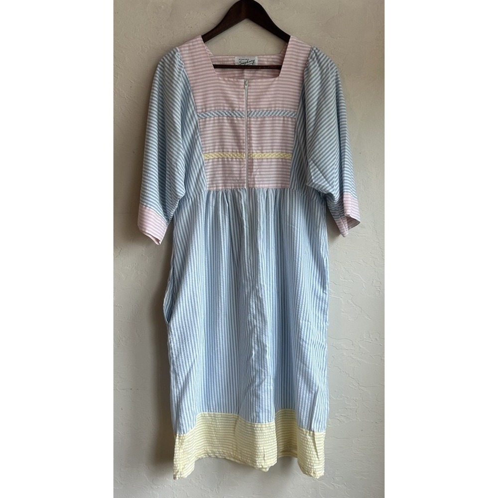Vintage 70s Styled By Saybury Seersucker Striped Midi Dress M Pastel Relaxed Fit
